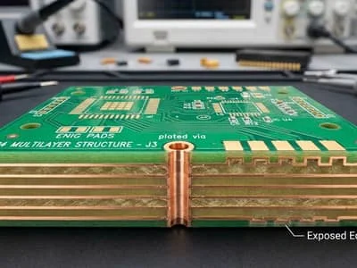 FR4 PCB material detail with green solder mask, plated vias, ENIG pads, and exposed multilayer edge structure Featured Image Export Requirement: