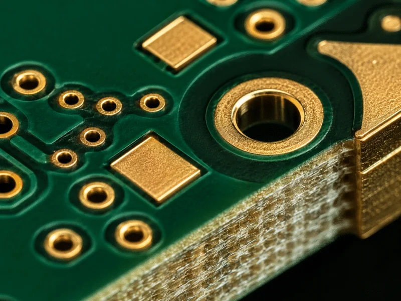 Bare multilayer PCB detail showing ENIG gold pads and microvias for fabrication and stack-up verification before assembly.
