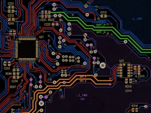 FR4 PCB material with multicolor copper traces and electronic components