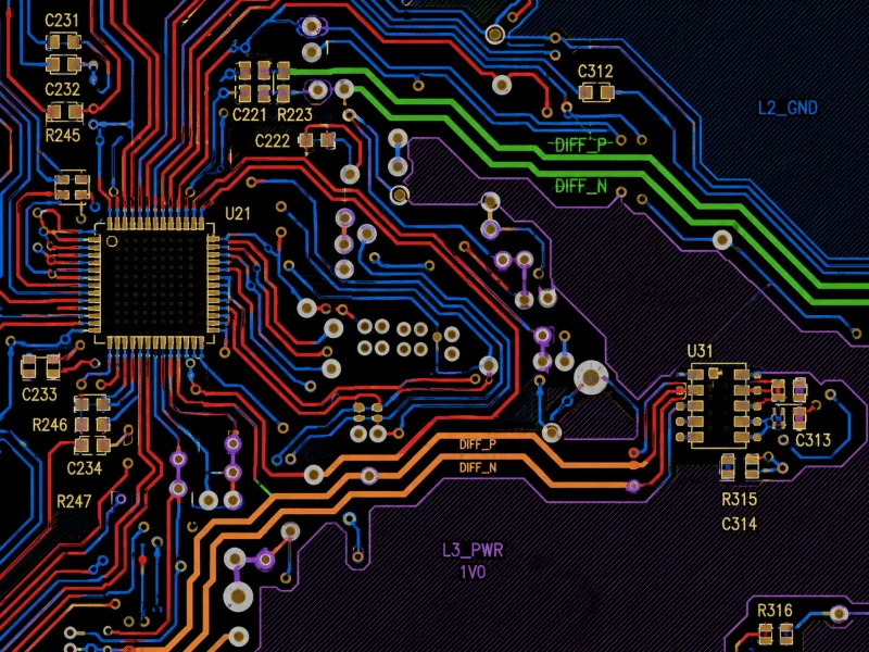 PCB CAD routing detail showing multicolor signal traces and component pads for assembly quotation and DFM review.