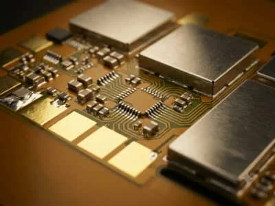 Flex PCB assembly detail showing surface mount components and local stiffener area on polyimide circuit for manufacturing risk review.