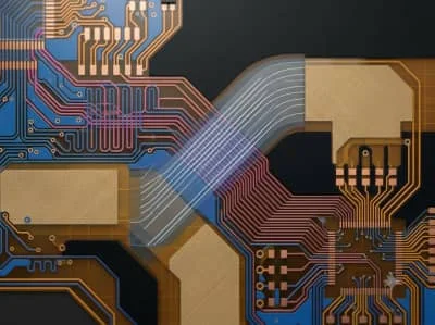 Flex PCB top-down routing detail showing translucent polyimide substrate and coverlay openings in the bend radius area.