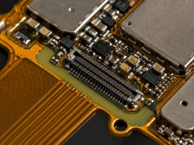Flex PCBA assembly close-up showing a connector area with a local FR4 stiffener, metallic shielding cans, and perfect silver solder fillets for quality assurance review.