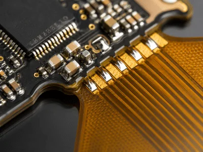 Rigid-flex PCBA assembly detail showing SMT components on the rigid section transitioning to a matte polyimide flexible circuit area for complex electronic manufacturing.