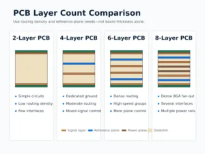 Comparison of two, four, six, and eight layer PCB stackups