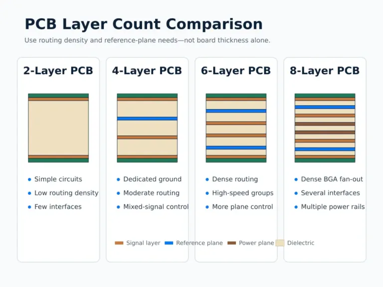 Comparison of two, four, six, and eight layer PCB stackups