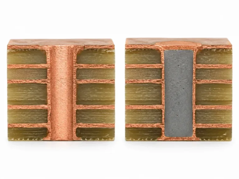 Copper-filled and epoxy-filled PCB via cross sections