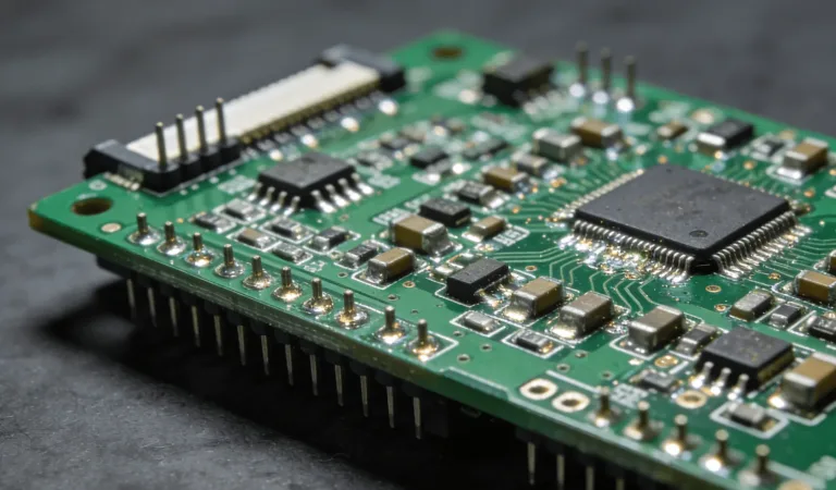 Green PCB board with mounted electronic components for circuit assembly