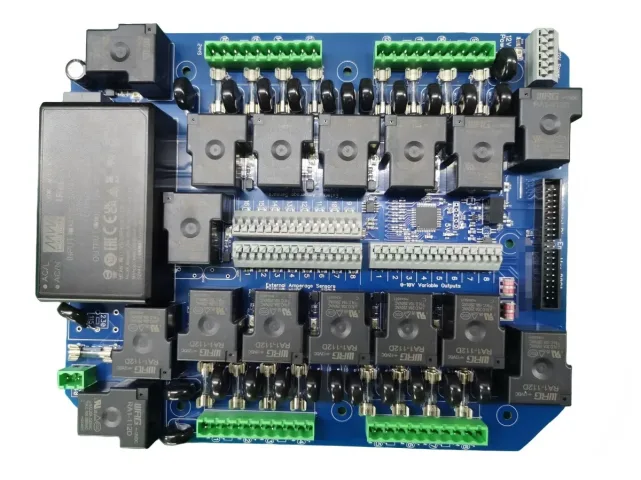PCB assembly with relays, connectors, and power components