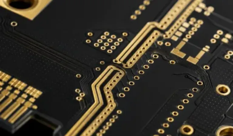 Close-up view of a Rogers PCB with RF transmission lines and gold-plated vias