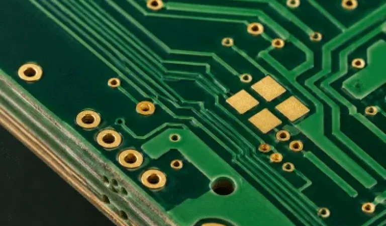 Macro close-up of a bare 4 layer PCB with traces, vias, and gold pads