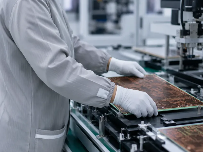 PCB manufacturing technician handling circuit boards in production