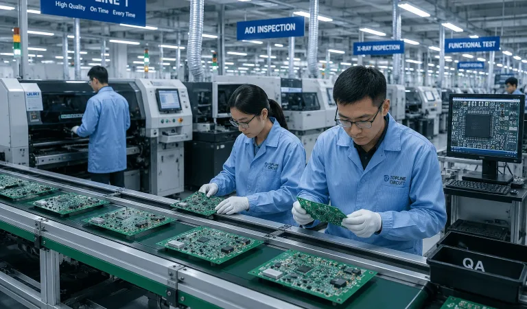 Turnkey PCB assembly production line with engineers inspecting assembled circuit boards in electronics manufacturing facility